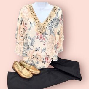 Studio Y Beaded Floral Blouse Medium Sheer Boho Top